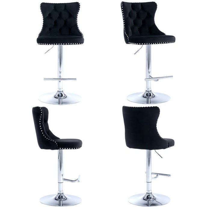 SERENITà Black Velvet Bar Stools Adjustable Swivel Counter Height Chairs with Tufted Back and Nailhead Trim for Kitchen Island Pub Restaurant (2Pcs, Chrome Metal)