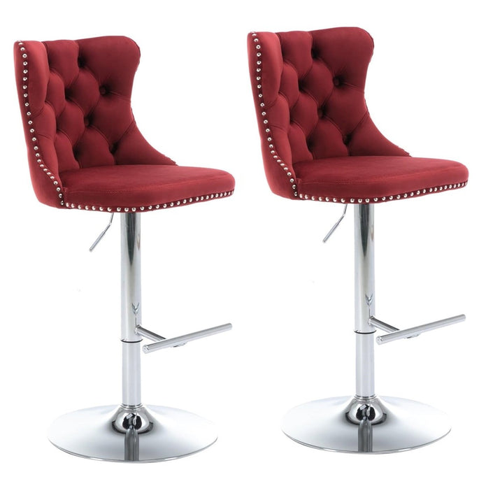 SERENITà Red Velvet Bar Stools Adjustable Swivel Counter Height Chairs with Tufted Back and Nailhead Trim for Kitchen Island Pub Restaurant (2Pcs, Chrome Metal)