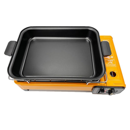 Portable Gas Stove Burner Butane BBQ Camping Gas Cooker With Non Stick Plate Orange with Fish Pan and Lid