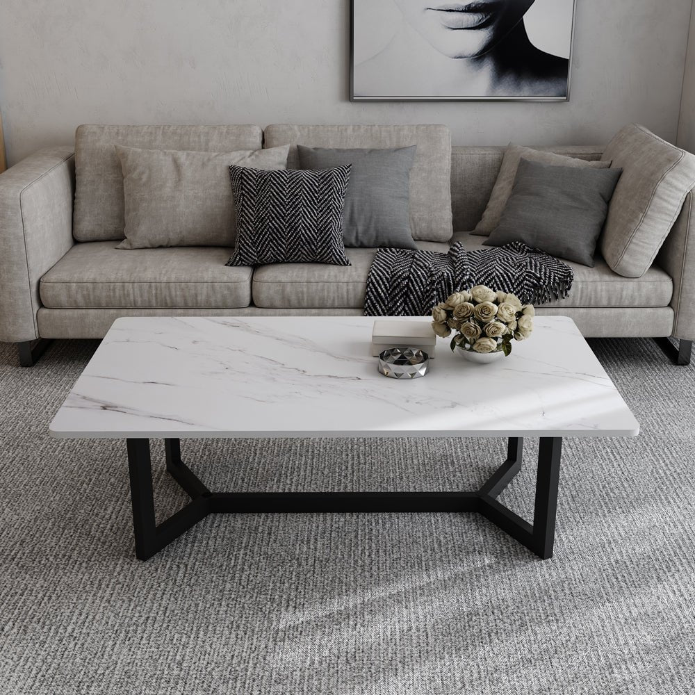 120x60cm Matte White Minimalist Slate Coffee Table Marble Tea Table Living Room Rectangle Cocktail Side Table Solid Metal Legs