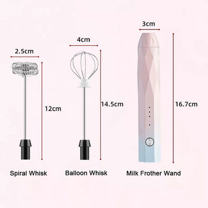 USB Charging Electric Egg Beater Milk Frother Handheld Drink Coffee Foamer Pink with 2 Stainless Steel Whisks