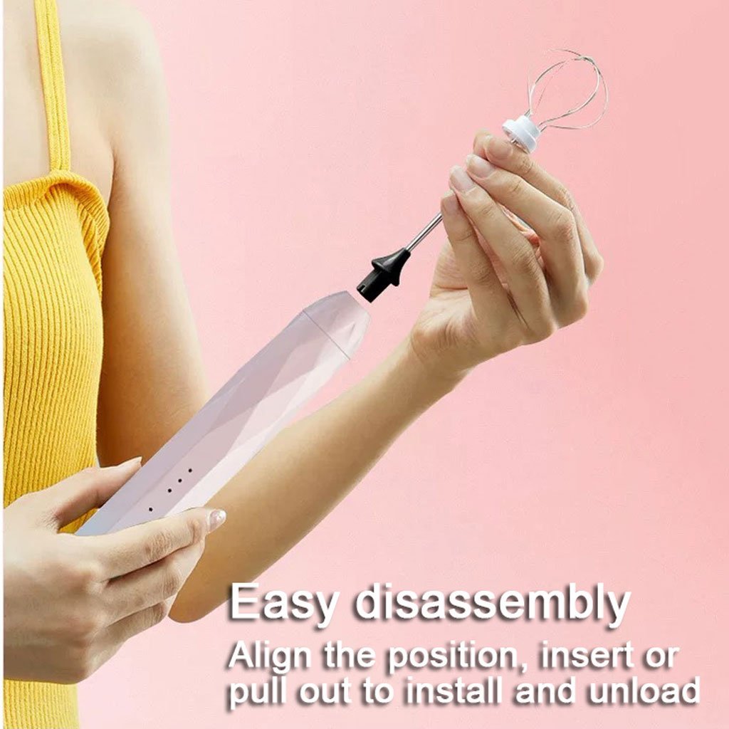 USB Charging Electric Egg Beater Milk Frother Handheld Drink Coffee Foamer Pink with 2 Stainless Steel Whisks