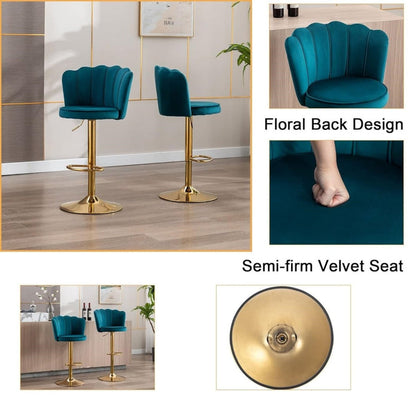 SERENITà Swivel Bar Stools Bar Height Set of 2 Adjustable Upholstered Counter Barstool Velvet Bar Chairs with Back/Gold Base for Kitchen Island/Bar/Cafe-Teal Blue
