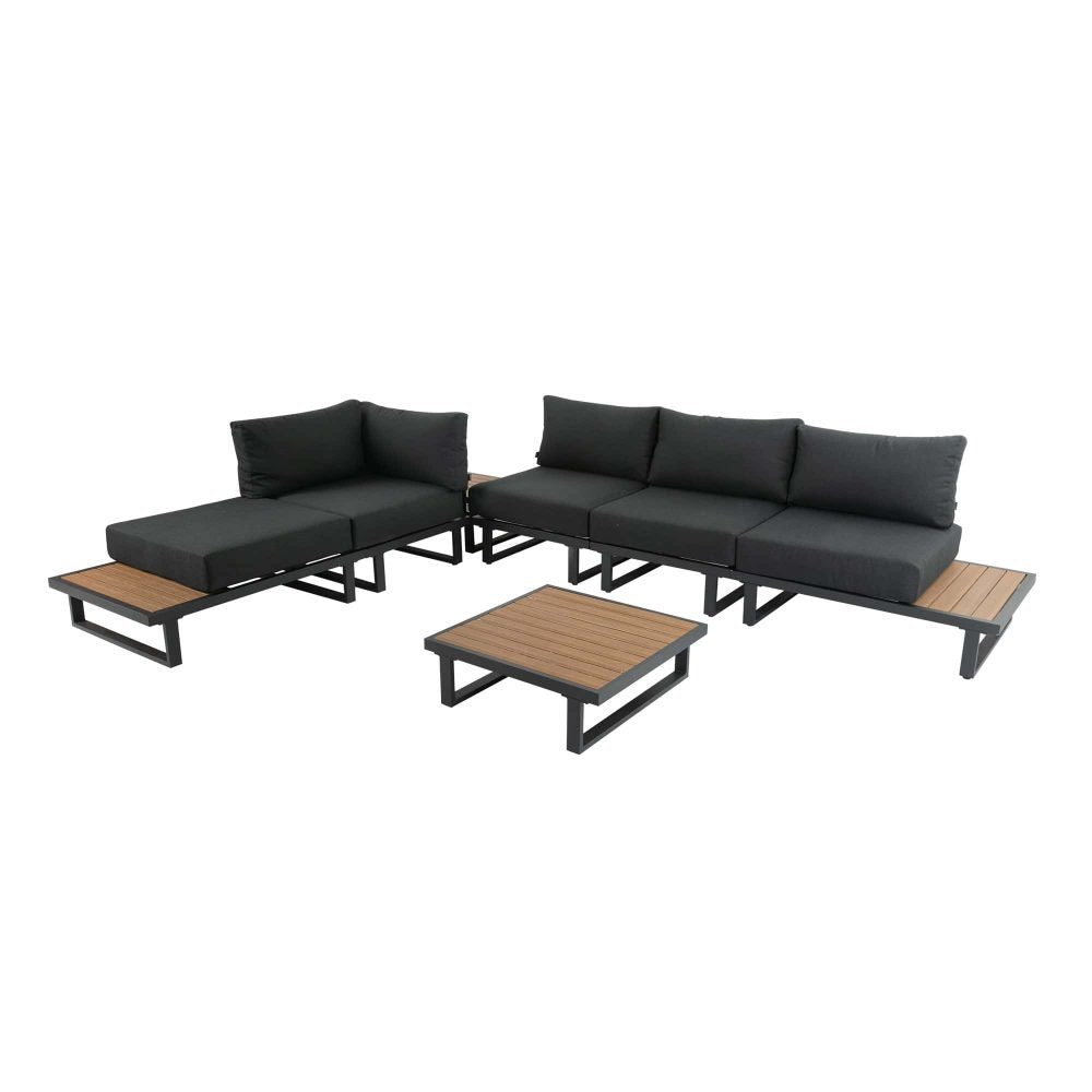 Modern Outdoor 7 Piece Lounge Set with Slatted Polywood Design Tables