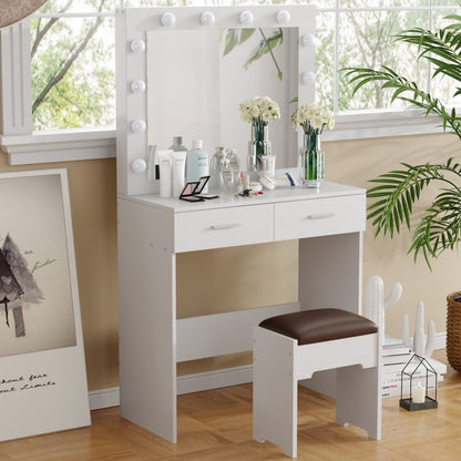 Fidel Vanity Set with Cushioned Stool and Lighted Mirror- White