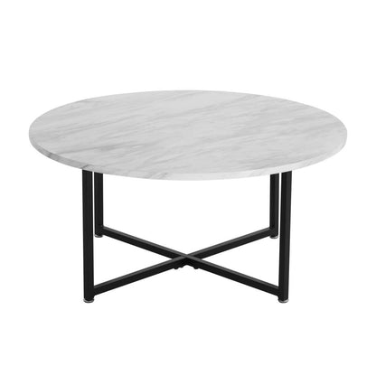 White Marble Effect Round Coffee Table with Black Legs