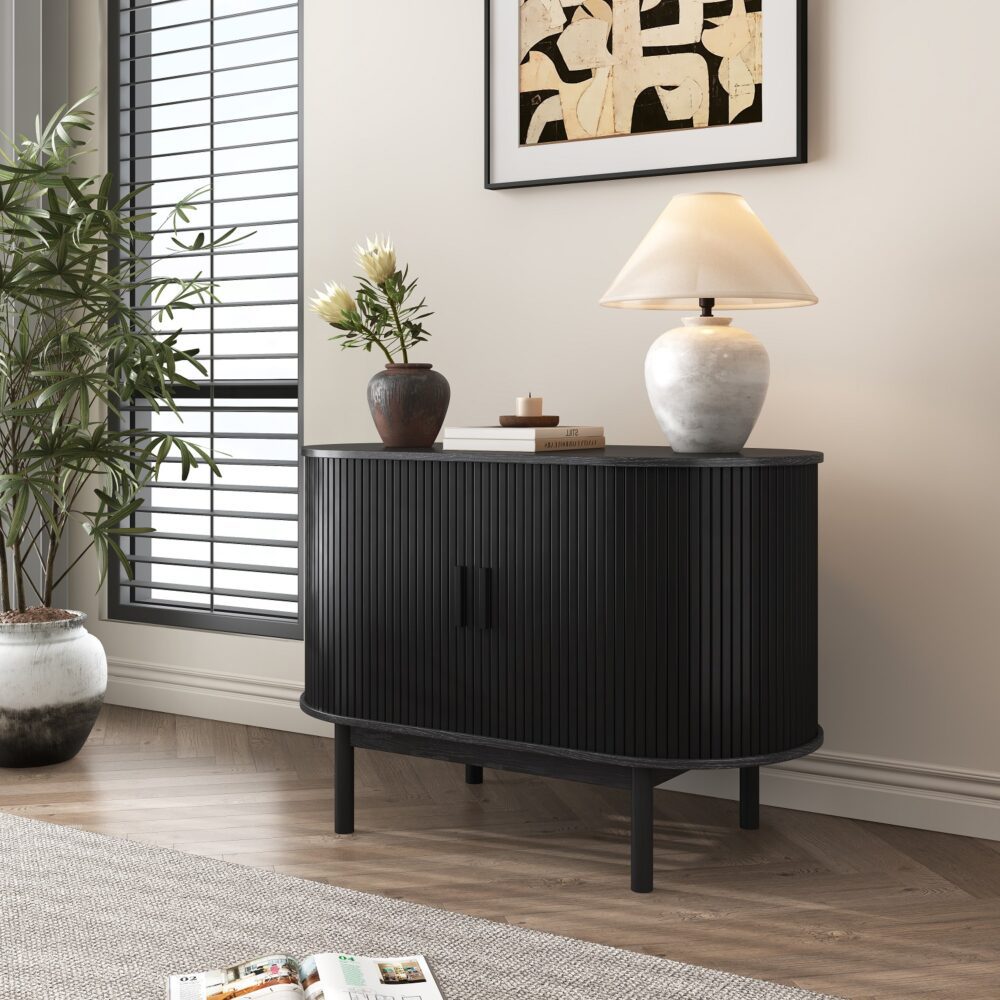 Mid-Century Black Ribbed Sideboard Cabinet