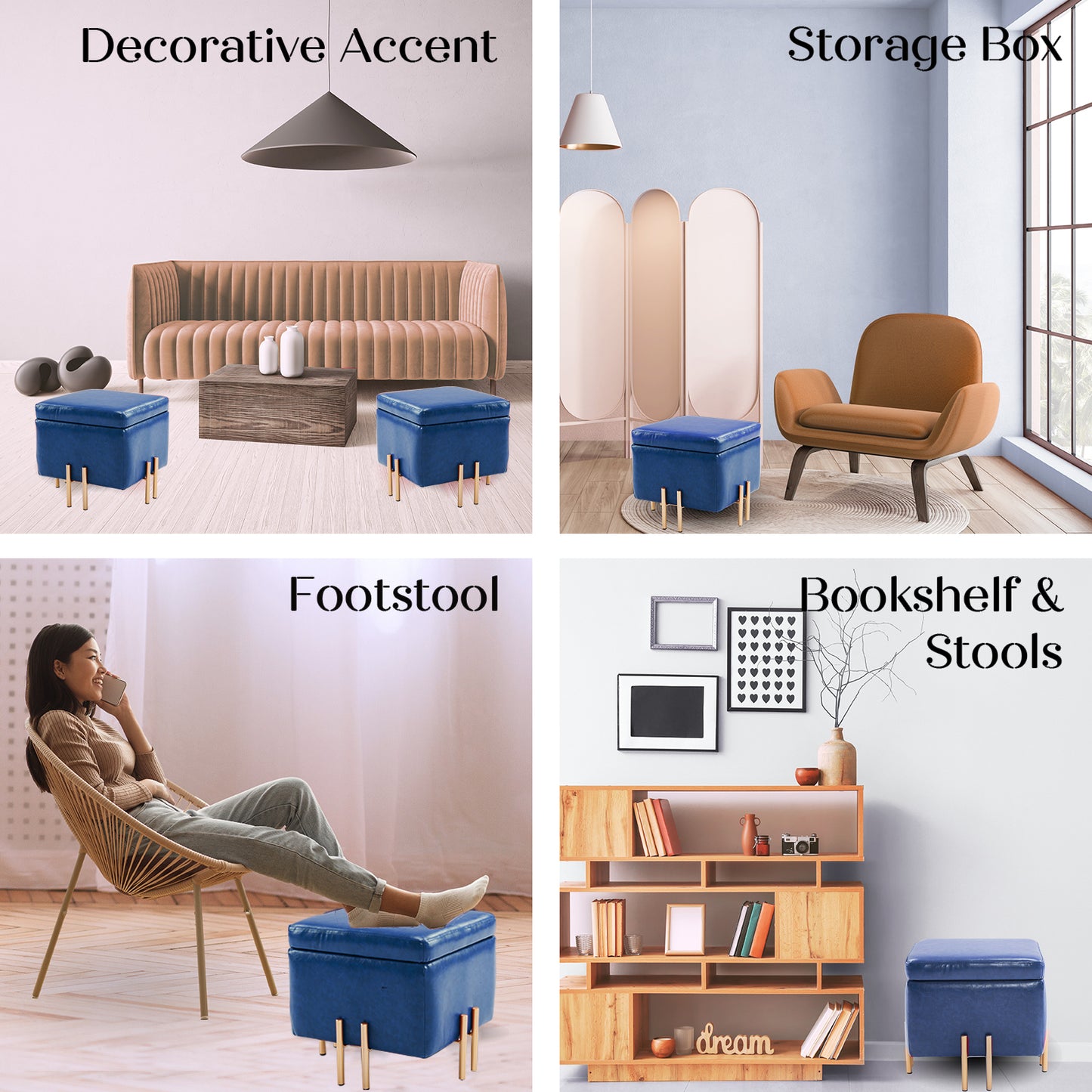 2X Storage Ottoman Foot Stool Cube Tuffet Seat 45cm PU Leather BLUE