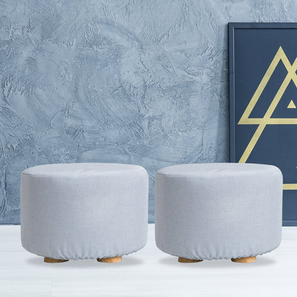 2X Fabric Ottoman Round Wooden Leg Foot Stool - LIGHT BLUE