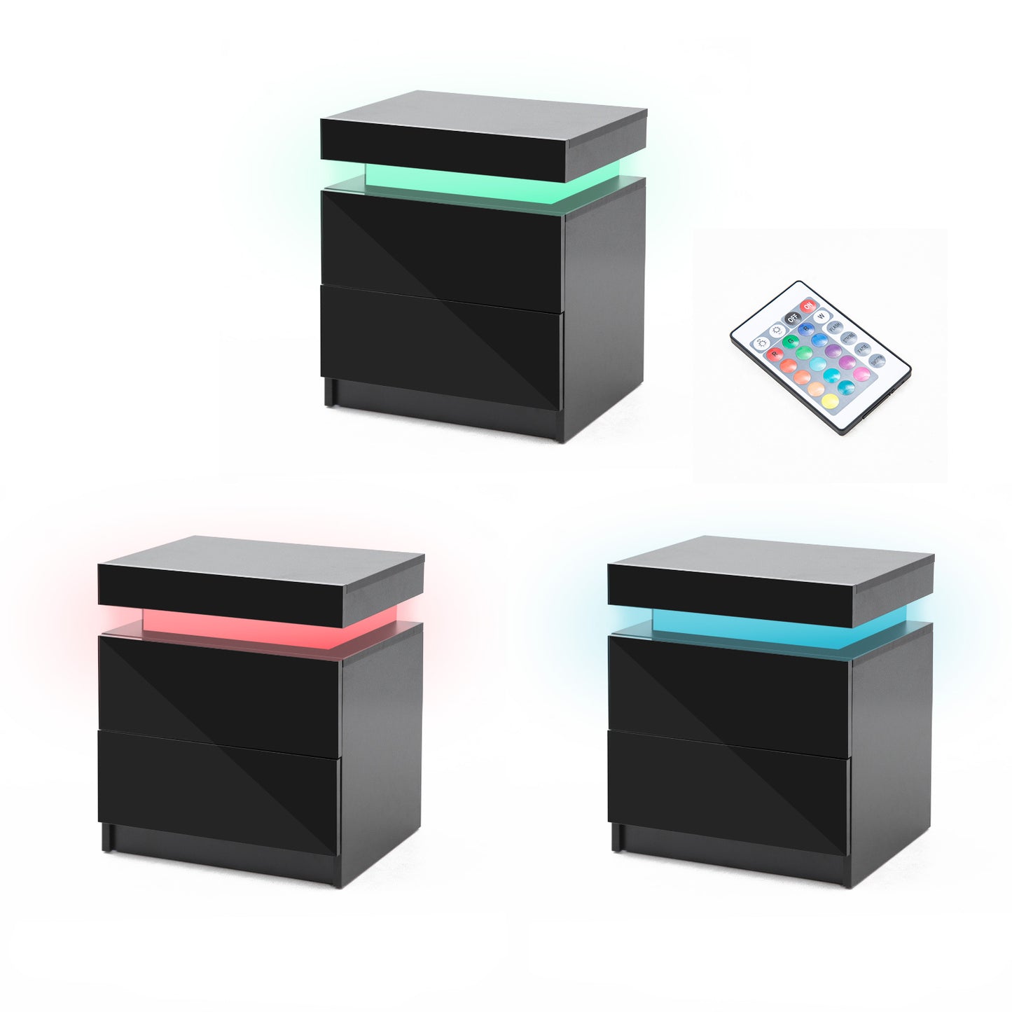 2X Bedside Table 2 Drawers RGB LED Bedroom Cabinet Nightstand Gloss AURORA BLACK