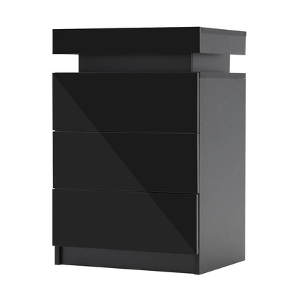 Bedside Table 3 Drawers RGB LED Bedroom Cabinet Nightstand Gloss GLORY BLACK