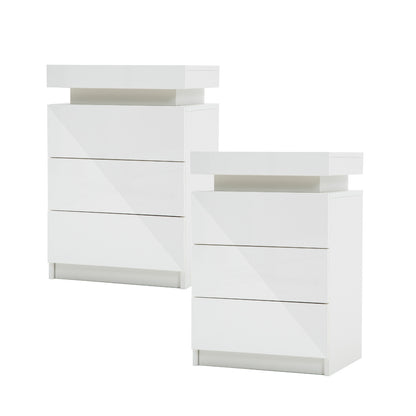 2X Bedside Table 3 Drawers RGB LED Bedroom Cabinet Nightstand Gloss GLORY WHITE