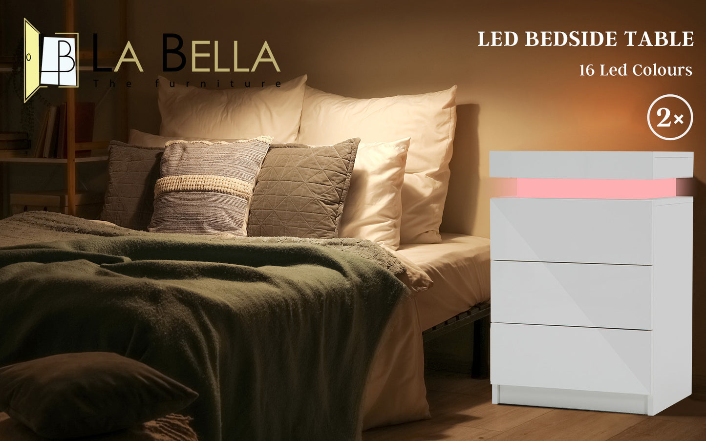 2X Bedside Table 3 Drawers RGB LED Bedroom Cabinet Nightstand Gloss GLORY WHITE