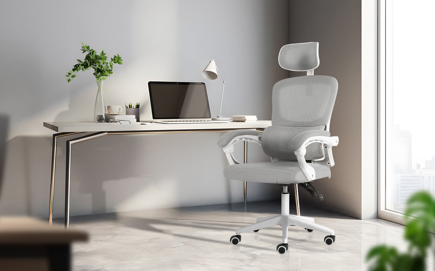 Ergonomic Reclining Office Chair - Lumbar Support, Adjustable Headrest VELTRA - GREY