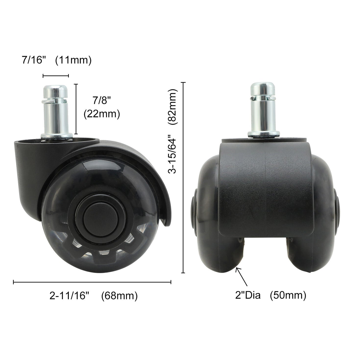 5X 2'' Twin Wheel Office Chair Casters - Slient Smooth, 11x22mm Stem