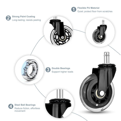 5X 3'' Rollerblade Style Wheels Office Chair Casters - Slient Smooth, 11x22mm Stem