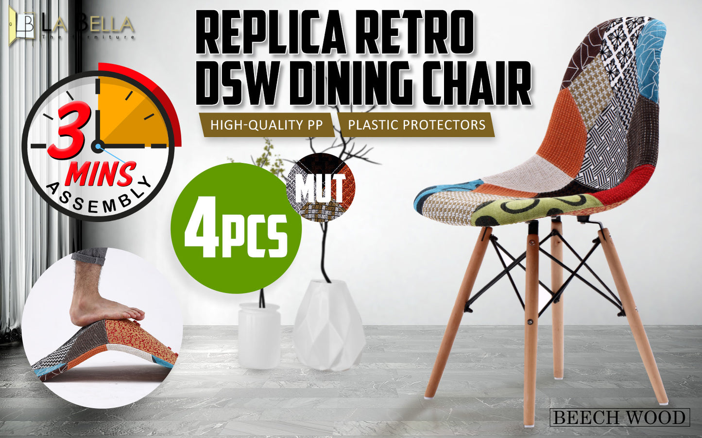 4X Retro Dining Cafe Chair DSW MULTI COLOUR