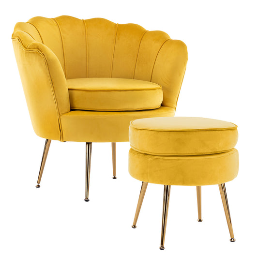 Armchair Lounge Chair Accent Velvet Shell Scallop + Round Ottoman Footstool YELLOW