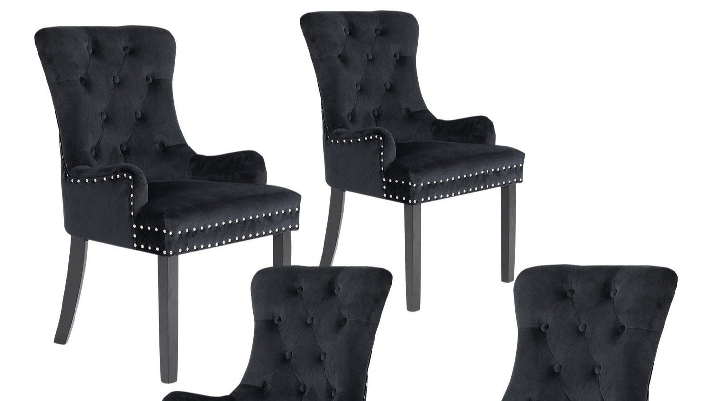 4X French Provincial Dining Chair Ring Studded Velvet Rubberwood Leg LISSE BLACK