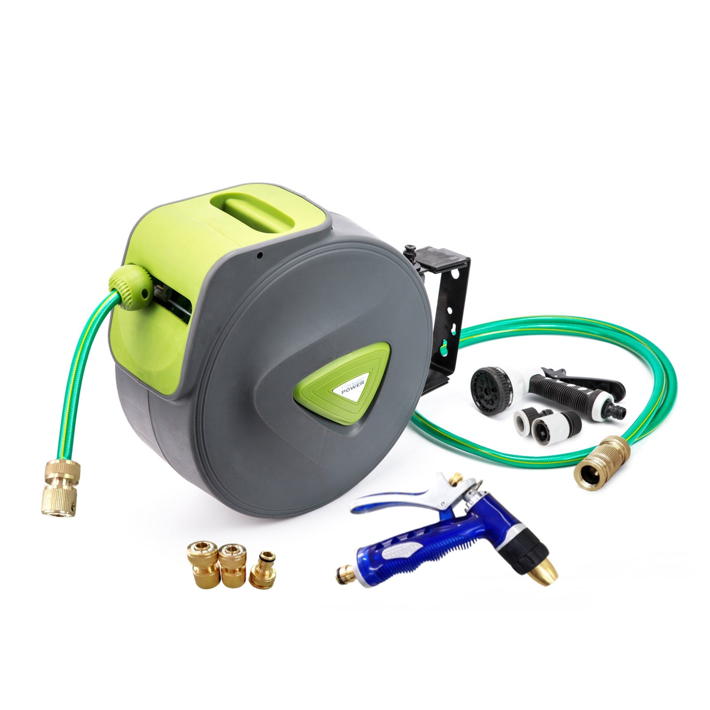 Garden Water Hose Retractable Rewind Reel Wall Mounted 30M + Brass Gun