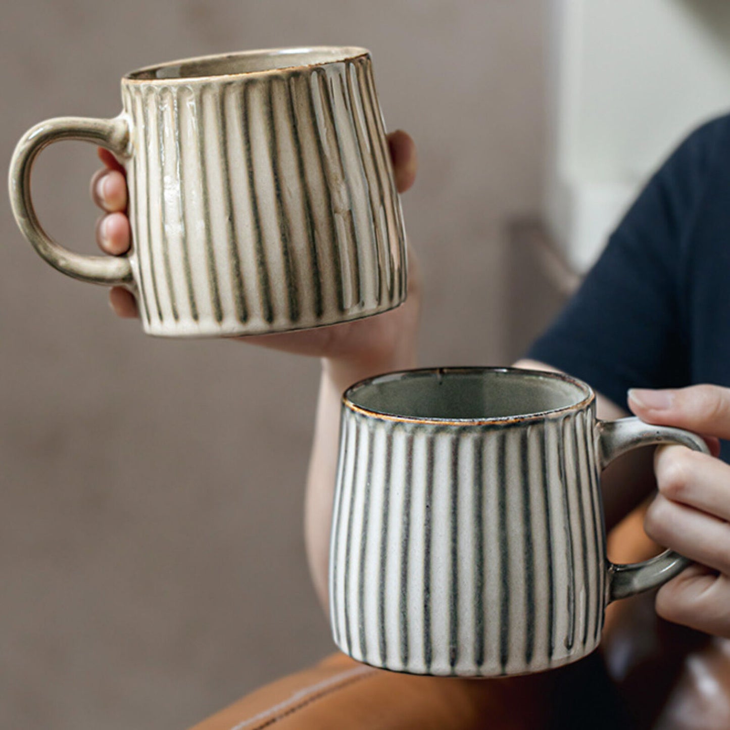 High-Fired Ceramic Stoneware Ribbed Stripe Mug 460ml Matt EARTHY BROWN