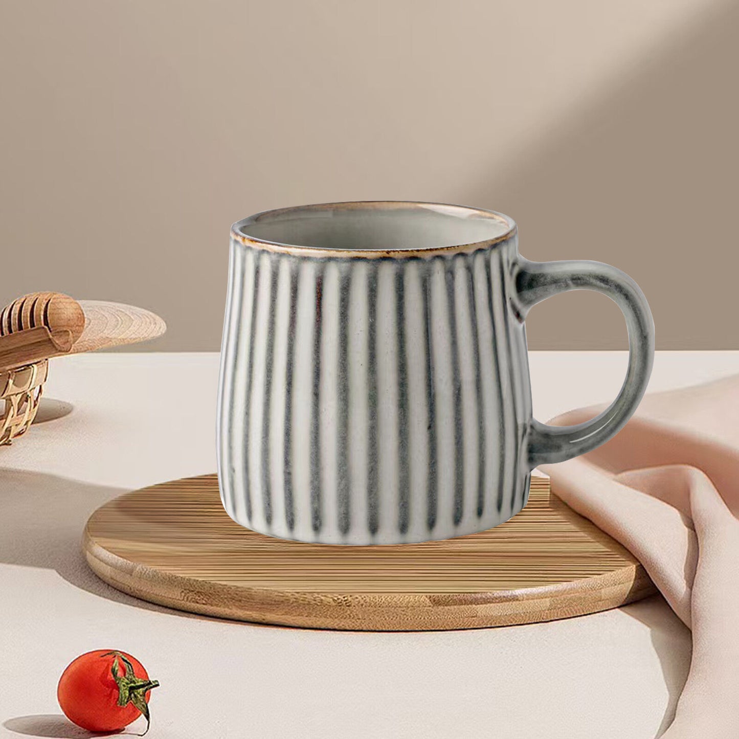 High-Fired Ceramic Stoneware Ribbed Stripe Mug 460ml Matt EARTHY GREY