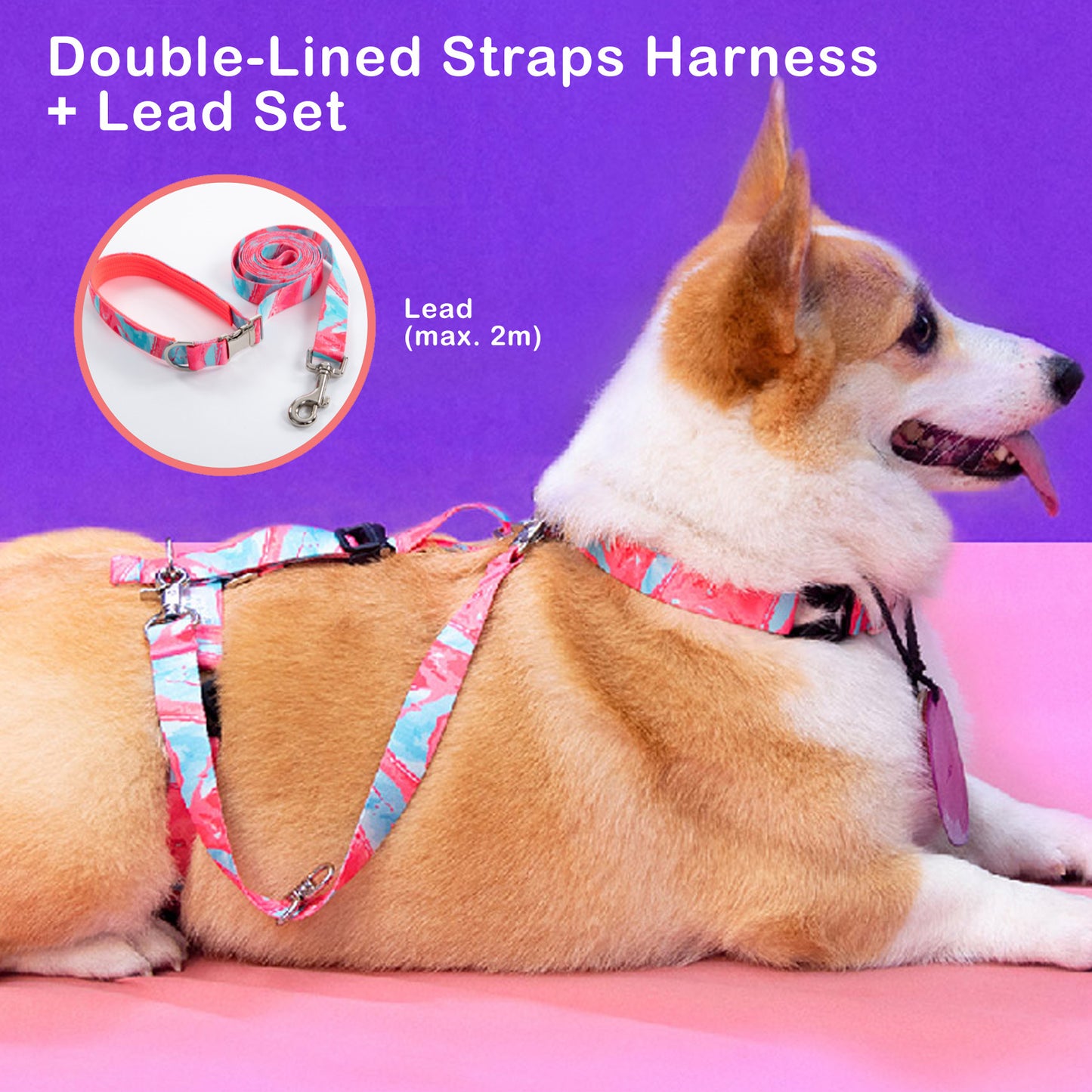 Dog Double-Lined Straps Harness and Lead Set Leash Adjustable M MARBLE PINK