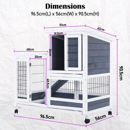 Rabbit Hutch Chicken Coop with Wheels 96.5 x 56 x 90.5cm 2 Storey Pet Cage Run HOPKINS