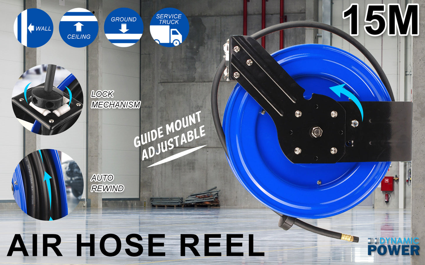 Air Hose Retractable Rewind Reel Automotive Industrial 15m