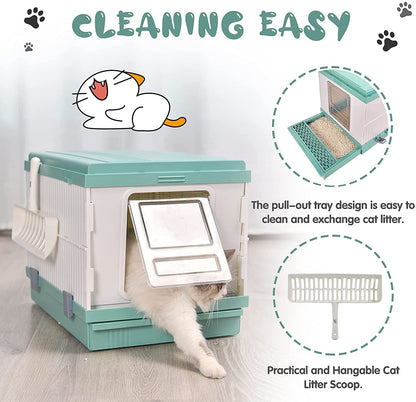 YES4PETS XL Portable Cat Toilet Litter Box Tray Foldable House with Handle and Scoop Green