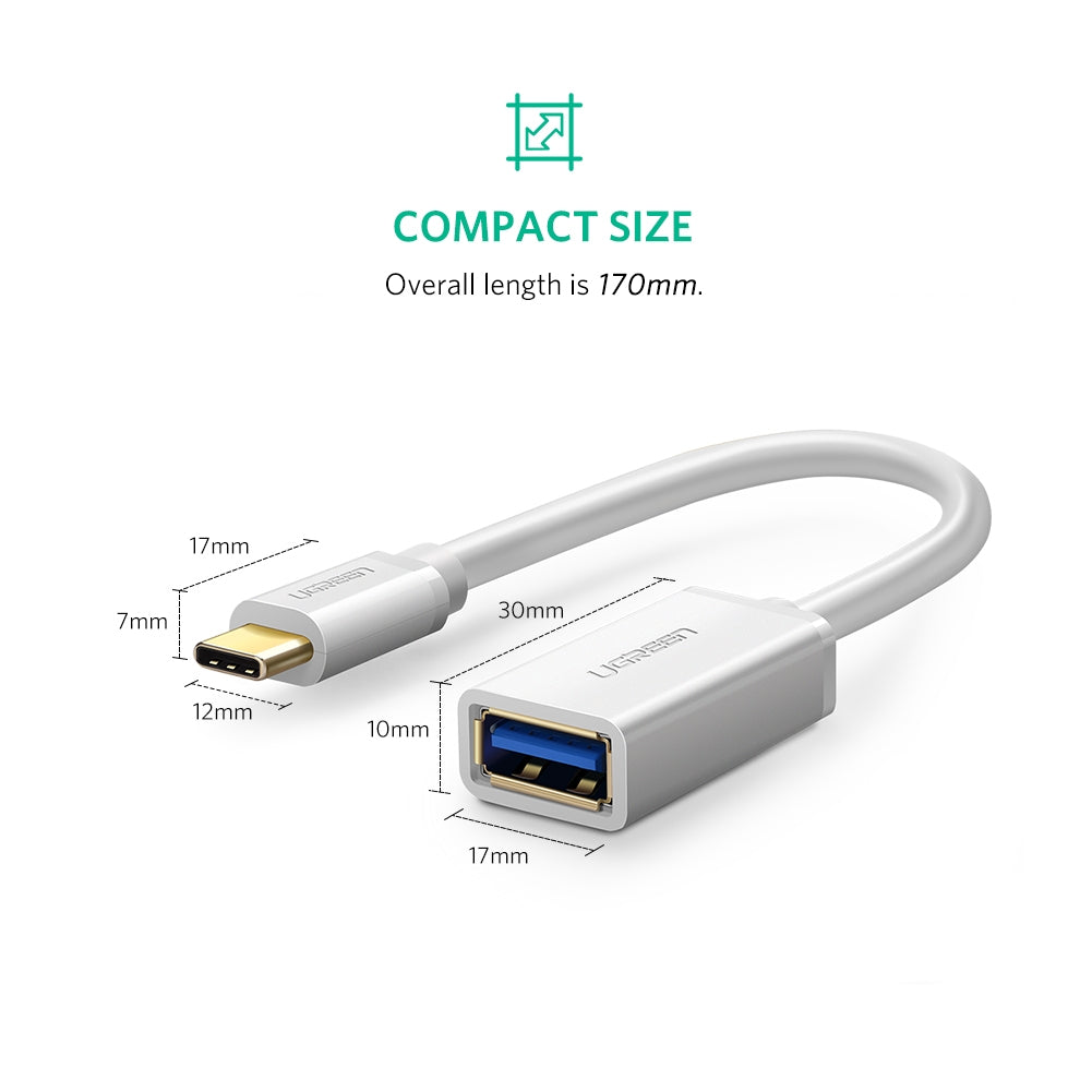 UGREEN USB Type-C Male to USB 3.0 Type A Female OTG Cable - White 15CM (30702)