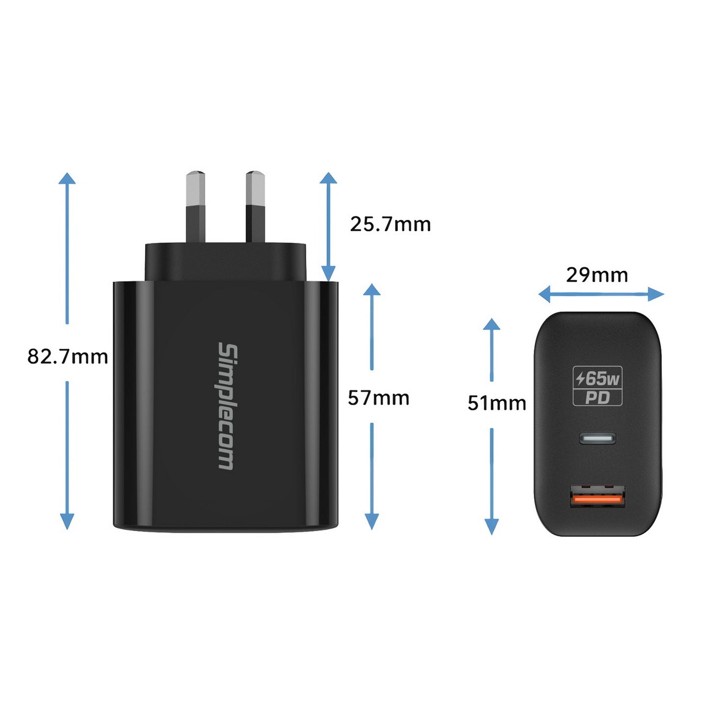 Simplecom CU265 Dual Port PD 65W GaN Fast Wall Charger USB-C + USB-A for Phone Laptop