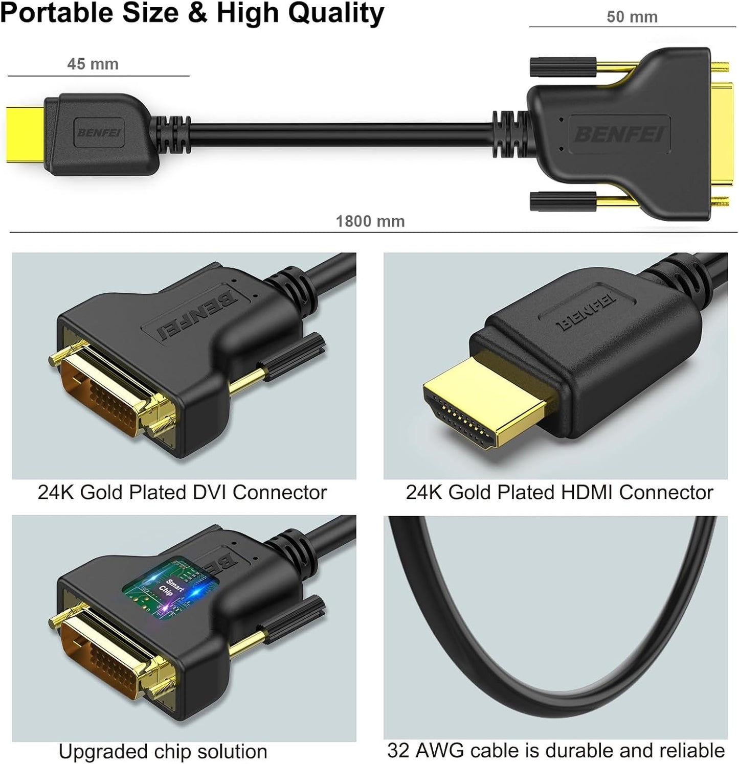 BENFEI HDMI to DVI, Bi Directional DVI-D 24+1 Male to HDMI Male High Speed Adapter Cable