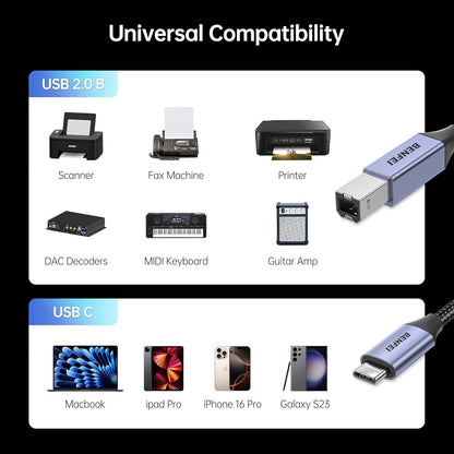 BENFEI 405GY-1M USB B to USB C Printer Cable, Nylon Braided, Premium Aluminium Alloy Case 1M