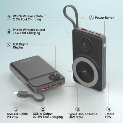 CHOETECH B695-BK 10000mAh 22.5W USB-A + USB-C x 2 + MagLeap Wireless Charge Power Bank Black