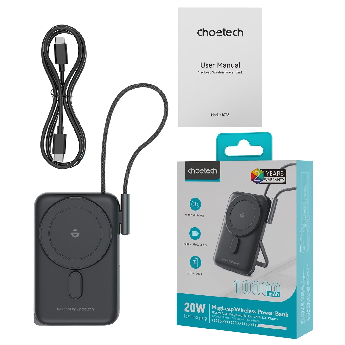 CHOETECH B735-BK 10000mAh 20W MagLeap Wireless Power Bank Black with Phone Holder and Build-in Cable