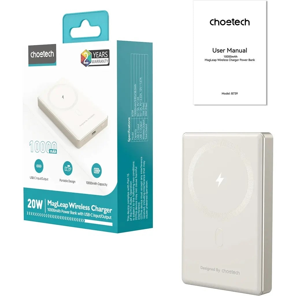 CHOETECH B739-WH 20W Slim USB-C 10000mAh Magnetic Power Bank - White