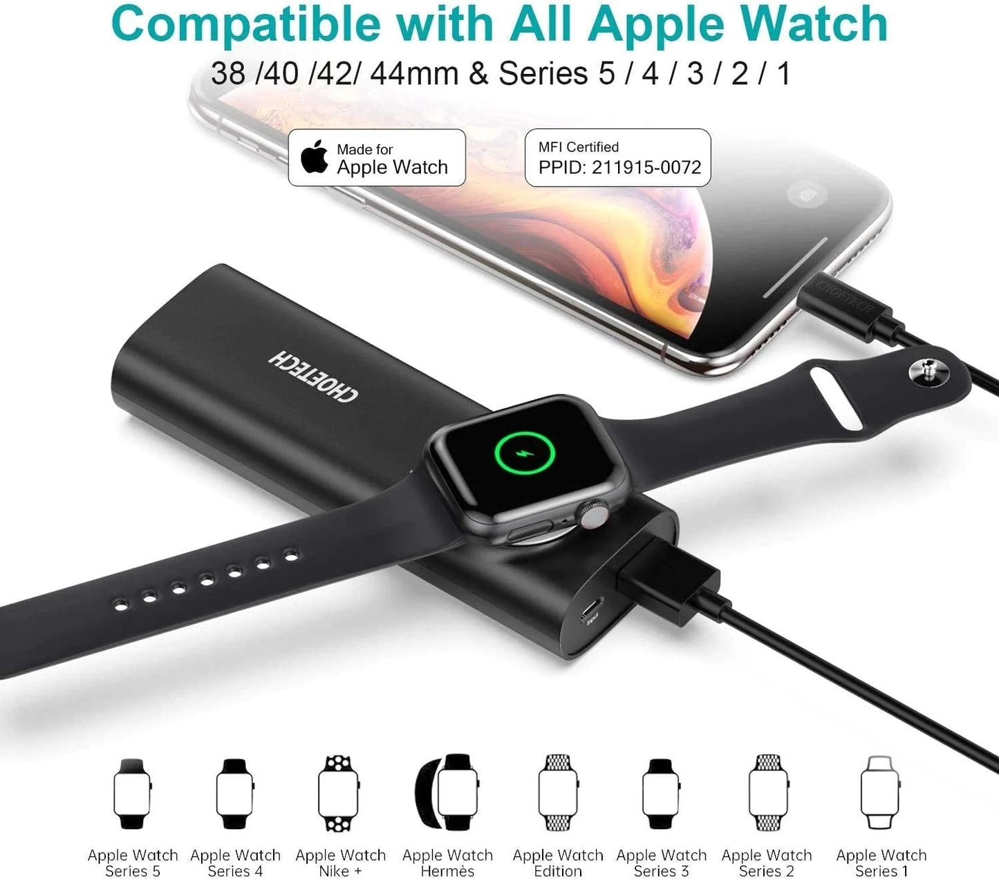 CHOETECH T315 2-in-1 Portable Wireless iWatch Quick Charger 5000mAh Power Bank