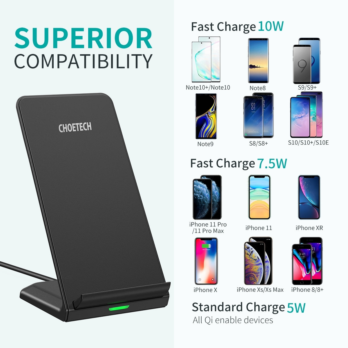 CHOETECH T524S 10W/7.5W Fast Wireless Charging Stand with AC Adapter