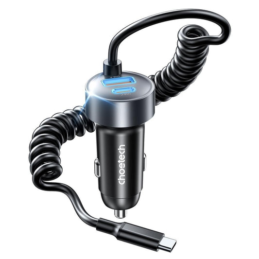 CHOETECH TC0030 65W 3-Port Fast Car Charger with 3.3ft Type-C Stretchable Cable