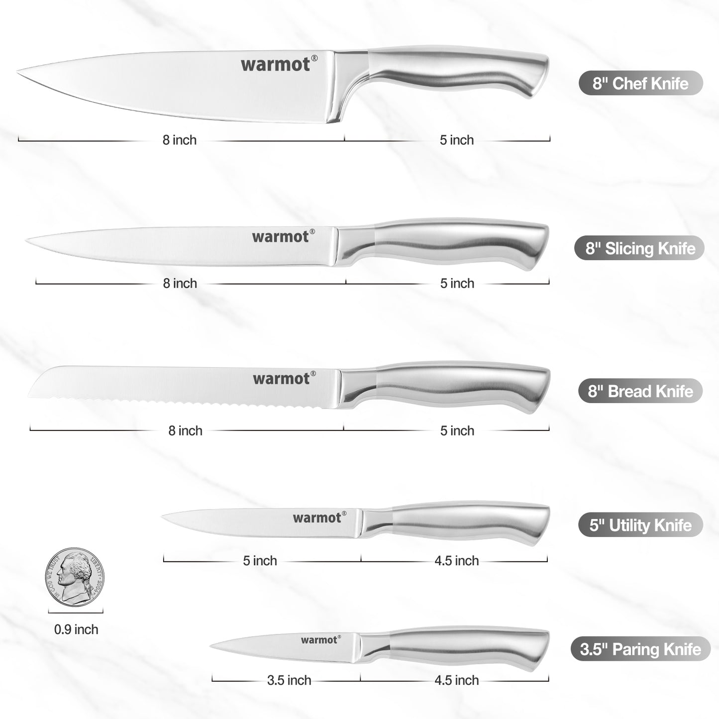 Warmot 5-Piece Ultra Sharp High Carbon Stainless Steel Chefs Kitchen Knife Set with Gift Box (750C)