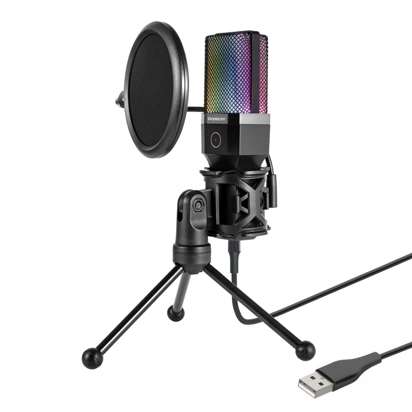 Simplecom UM650 USB Cardioid Condenser Microphone Gaming RGB Lights with Tripod & Pop Filter