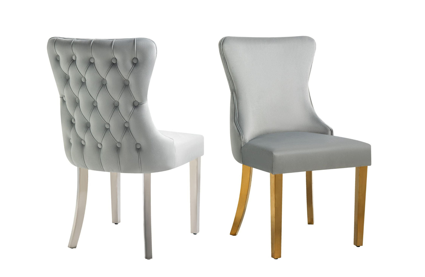 Paris Dark Grey Velvet  & Silver Polished Steel Upholstered Dining Chairs Tufted Back - Set of 2