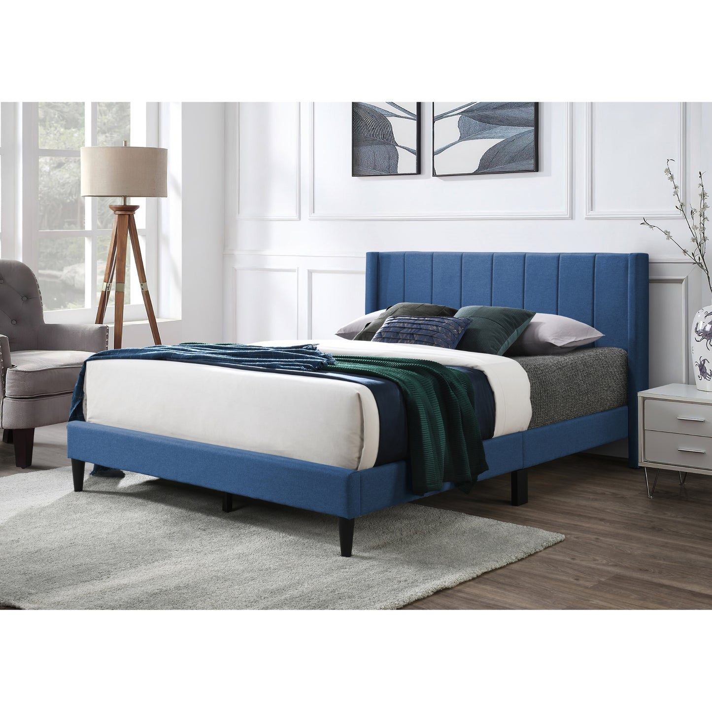 Samson King Bed Winged Headboard Fabric Upholstered - Blue