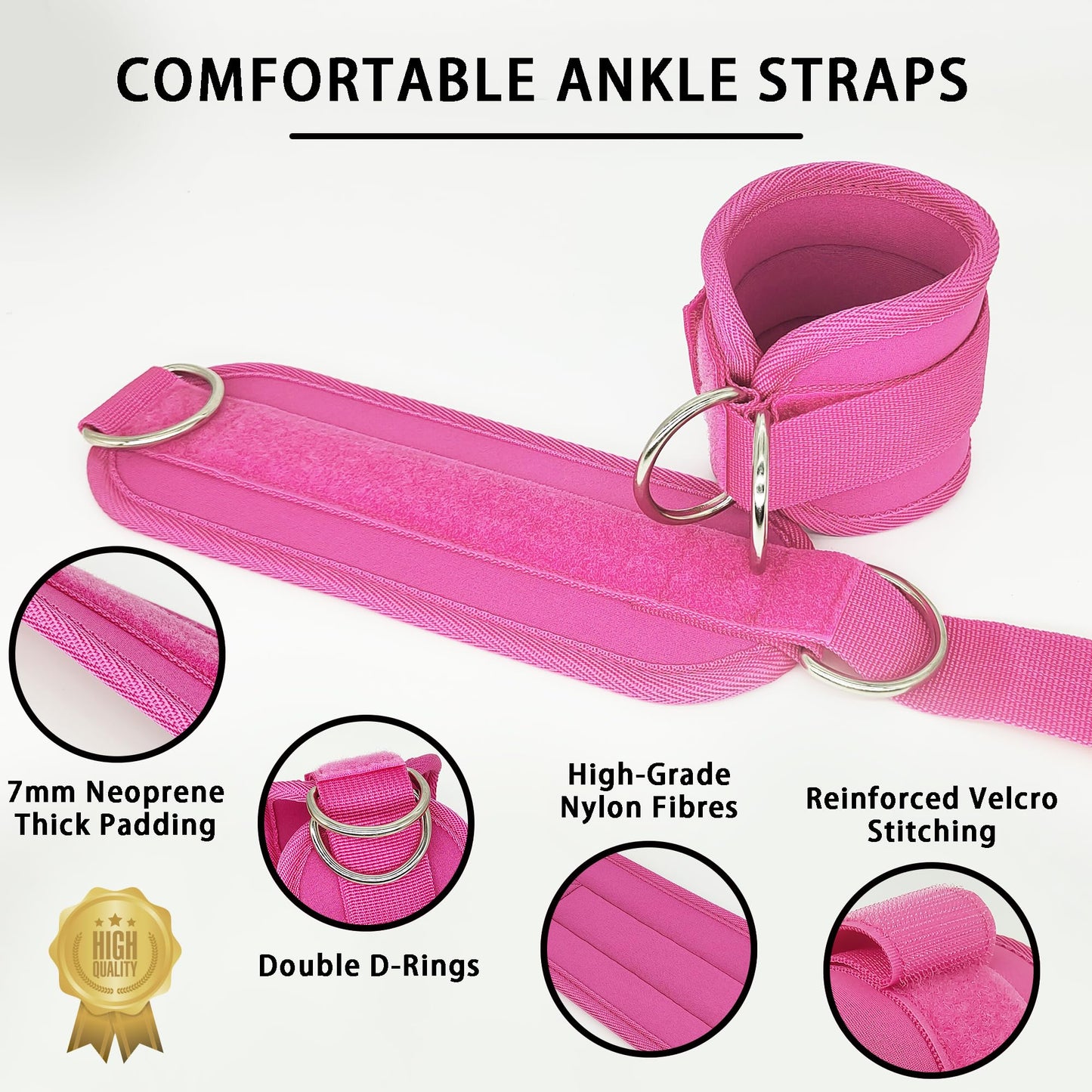 2x Adjustable Ankle Straps for Cable Machines D-Rings Gym Cuff Kickbacks Glute Workouts Leg Extensions Straps Hip Pink