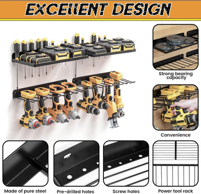 Power Tool Organizer Drill Holder Wall Mount Garage Storage Shelves Rack Wall Storage Organizer Set