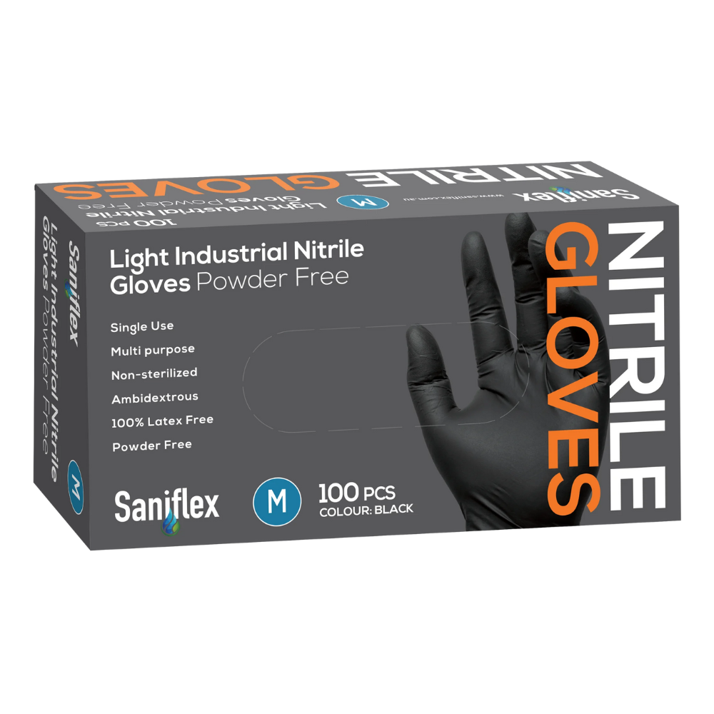 Saniflex Light Industrial Black Nitrile Gloves 100 Pack - Medium