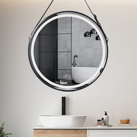 Interior Ave - LED Round Hanging Salon / Bathroom Wall Mirror - Black - 80cm