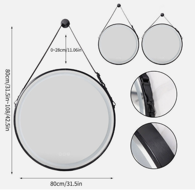 Interior Ave - LED Round Hanging Salon / Bathroom Wall Mirror - Black - 80cm