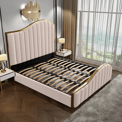 Elegant Luxury King Size Bedframe in Beige with Gas Lift Storage Velvet Fabric Golden Trim